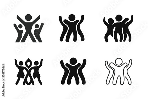 Dynamic Dance Logos. Dancing. Icon set. Set Logo of dancing: Party dancers raising hands. harmonious logo variations of the same emblematic concept, each with