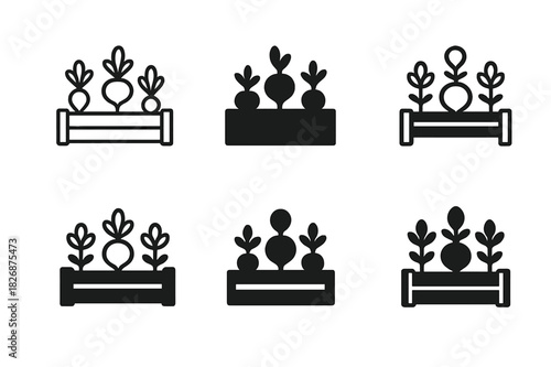 Vegetable Patch Logos. Vegetable Patch. Icon set. Set Logo of Vegetable Patch: raised garden bed. harmonious logo variations of the same emblematic concept,