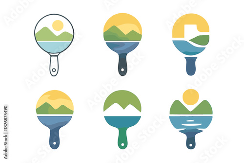 Watercolor Logo Variations. Watercolor Landscape Painting. Icon set. Set Logo of Watercolor Landscape Painting: paintbrush. harmonious logo variations of the