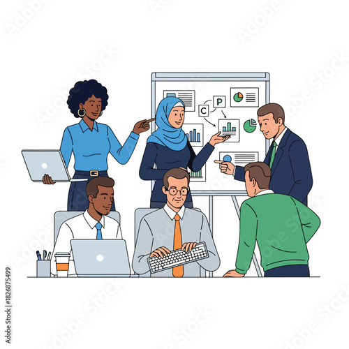 Diverse group of professionals collaborating and presenting ideas with a whiteboard in an office