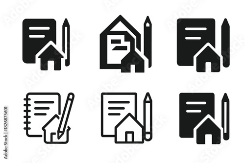 Creative Project Icons. Working on a creative project from home. Icon set. Set Logo of working on a creative project from home: Notes, pens, and sketchbook
