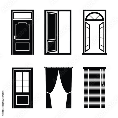A simple collection of black and white door and window silhouettes