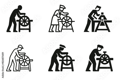 Artists at Work Icons. Artists at work in their studios. Icon set. Set Logo of Artists at work in their studios: printmaker operating etching press. harmonious