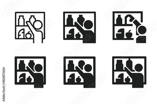 Grocery Icon Variations. Putting groceries away. Icon set. Set Logo of putting groceries away: person placing food items into a kitchen cabinet. harmonious