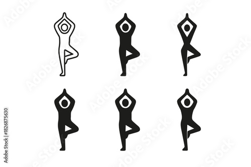 Yoga Balance Icons. body balance pose. Icon set. Set Logo of body balance pose: person in tree yoga position. harmonious logo variations of the same emblematic