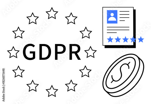 GDPR surrounded by stars, privacy document with user profile and rating, coin illustration. Ideal for data privacy, compliance, online security, regulations, customer trust, EU laws digital economy