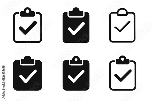 Online Grading Icons. Online grading system. Icon set. Set Logo of Online grading system: checkmark clipboard. harmonious logo variations of the same
