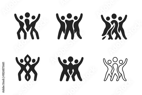 Dynamic Dance Logos. Dancing. Icon set. Set Logo of dancing: Party dancers raising hands. harmonious logo variations of the same emblematic concept, each with