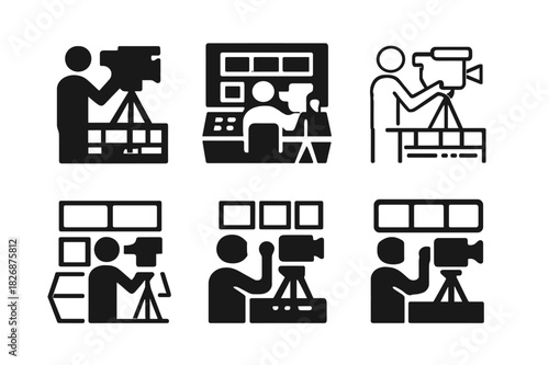 TV Control Room Icons. TV control room and technicians. Icon set. Set Logo of TV control room and technicians: camera operator. harmonious logo variations of