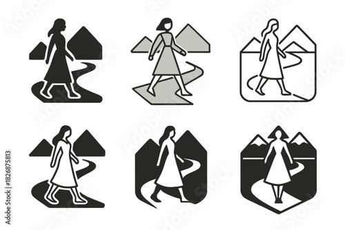 Nature Runway Logo Variations. model on location. Icon set. Set Logo of model on location: runway in nature. harmonious logo variations of the same emblematic
