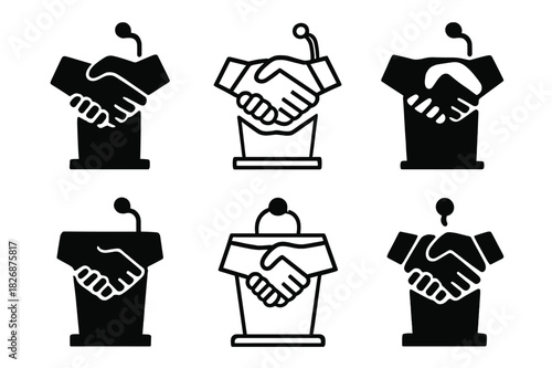 Debate Logo Variations. Public speaking classes and debate competitions. Icon set. Set Logo of Public speaking classes and debate competitions: handshake over