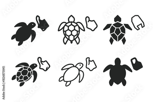 Wildlife Protection Icons. Endangered species. Icon set. Set Logo of wildlife protection: turtle swimming near plastic. harmonious logo variations of the same