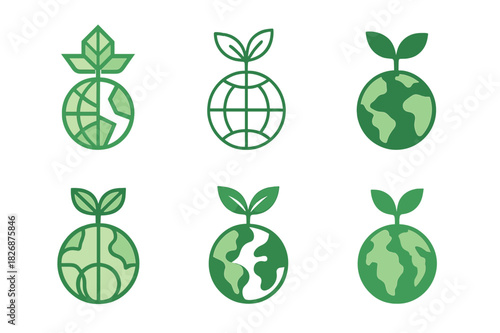 Eco-Friendly Logo Variations. Eco-friendly mindset. Icon set. Set Logo of eco-friendly mindset: globe and plant. harmonious logo variations of the same