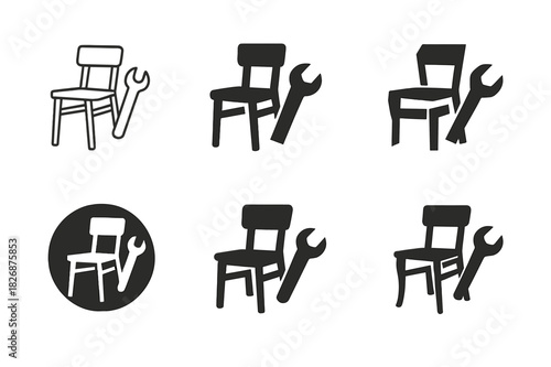 Vintage Craftsmanship Logos. Restoring antique furniture and home items. Icon set. Set Logo of vintage craftsmanship: wooden chair restoration. harmonious logo