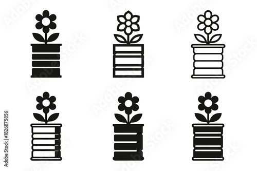 Upcycled Decor Logos. upcycled home decor. Icon set. Set Logo of upcycled home decor: tin can flower pot. harmonious logo variations of the same emblematic