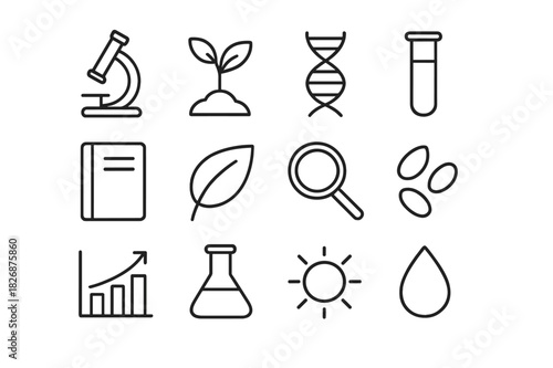 Agro Research Icons. Agro research. Line icon set of agro research: microscope, plant, DNA strand, test tube, notebook, leaf, magnifying glass, seeds, graph,
