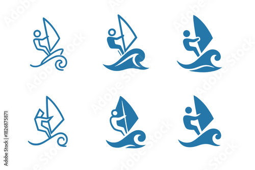 Water Sports Icons. Water sports. Icon set. Set Logo of water sports: windsurfer balancing on curved ocean wave. harmonious logo variations of the same