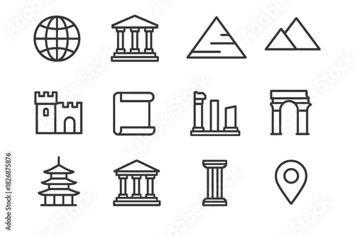 UNESCO Heritage Icons. UNESCO heritage. Line icon set of UNESCO heritage: globe, temple, pyramid, mountain, castle, scroll, ruins, archway, pagoda, museum,