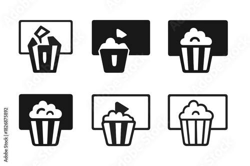 Popcorn and TV Logos. Watching Your Favorite TV Show or Movie with Popcorn. Icon set. Set Logo of entertainment vibes: minimal screen and popcorn icon.