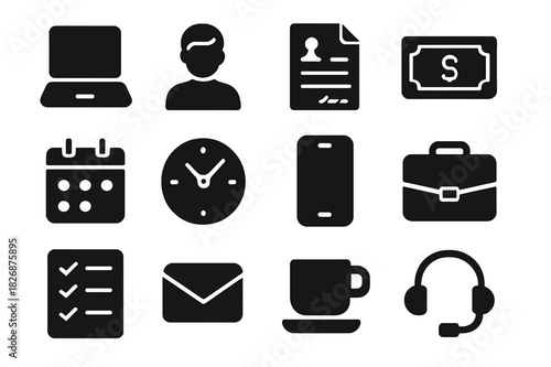 Gig Work Icons. Gig work. Solid icon set of Gig work: laptop, freelancer, contract, payment, calendar, clock, smartphone, briefcase, checklist, email, coffee
