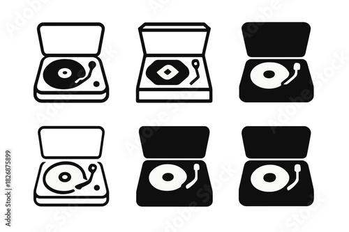 Record Player Icons. record player. Icon set. Set Logo of record player: open lid turntable. harmonious logo variations of the same emblematic concept, each