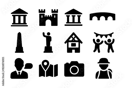 Cultural Heritage Icons. Cultural tourism and heritage sites. Solid icon set of Cultural tourism and heritage sites: ancient temple, castle, museum, historic