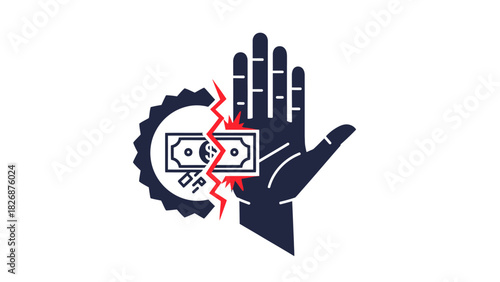 Flat design illustration of a hand stopping a gear with a dollar bill inside on a white background with a dark blue color scheme.