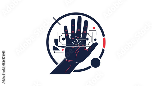A robotic hand with red lines and a camera in a circle on a white background with technical drawings and a futuristic mood.