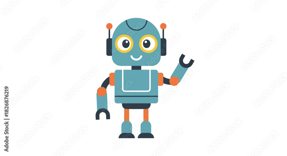 Obraz premium A cartoon illustration of a smiling blueteal robot with orange accents waving hello