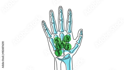 Detailed illustration of a human hand skeleton with highlighted green wrist bones on a white background.