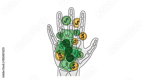 Illustration of a human hand with green and orange circular symbols on the palm and fingers against a white background.