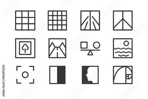 Composition Techniques Icons. Composition techniques. Line icon set of composition techniques: rule of thirds, grid, leading lines, symmetry, frame within