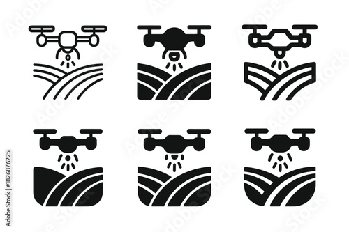 Agricultural Drone Icons. Drones in agriculture for field monitoring. Icon set. Set Logo of drones in agriculture for field monitoring: crop sensor. harmonious