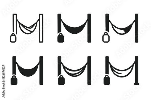 Hammock Logo Variations. Setting up a hammock. Icon set. Set Logo of setting up a hammock: camping hammock with gear bag. harmonious logo variations of the