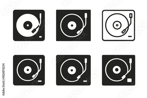 Vintage Electronics Icons. Decorating with vintage electronics. Icon set. Set Logo of Decorating with vintage electronics: turntable with vinyl record and