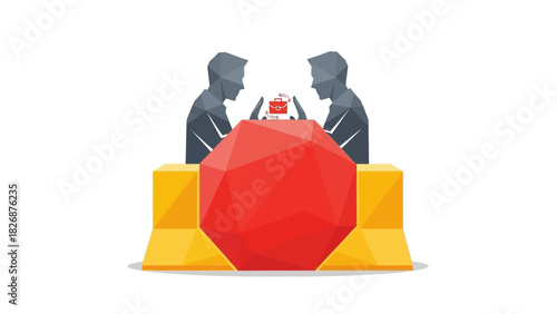 Two gray silhouettes of businessmen negotiating over a large red gemstone on a yellow platform against a white background.