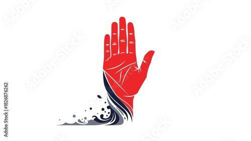 Red hand with palm facing outward and black and white wave-like design elements on a plain white background.
