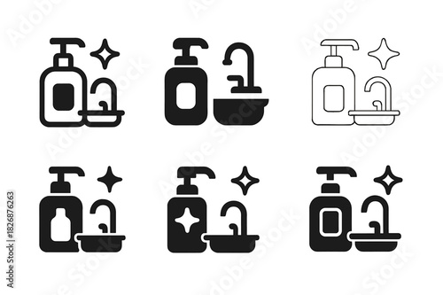 Kitchen Icons Grid. Tidying up the kitchen counters. Icon set. Set Logo of Tidying up the kitchen counters: soap dispenser. harmonious logo variations of the