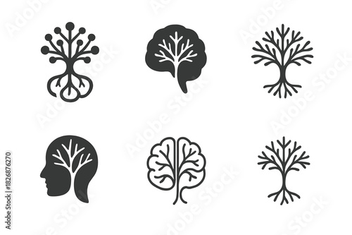 Creative Neuroscience Logos. Neuroscience of creativity. Icon set. Set Logo of creative neuroscience: abstract neuron tree. harmonious logo variations of the