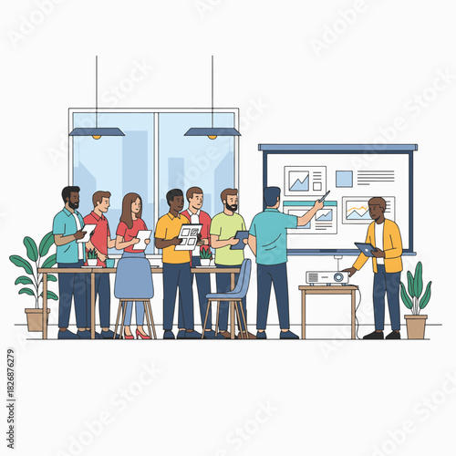 Diverse team members attending a business presentation with a projector and screen in an office