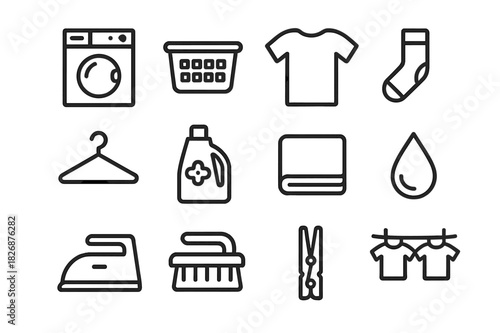 Laundry Icon Set. Laundry day. Line icon set of laundry day: washing machine, basket, t-shirt, sock, hanger, detergent, towel, water drop, iron, brush, peg,
