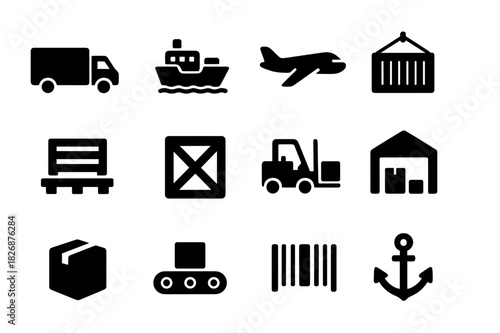 Freight Transport Icons. Freight transport. Solid icon set of Freight transport: truck, cargo ship, cargo plane, shipping container, pallet, crate, forklift,