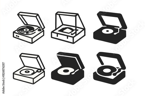 Record Player Icons. record player. Icon set. Set Logo of record player: open lid turntable. harmonious logo variations of the same emblematic concept, each