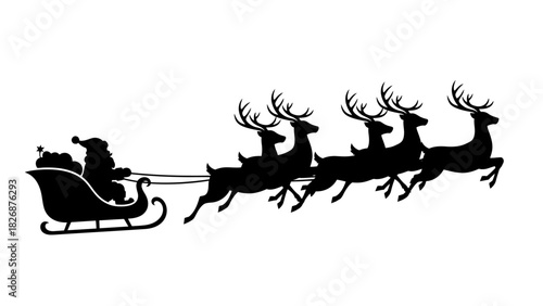 Santa Claus riding his sleigh pulled by reindeer against a white background, illustration for holiday season