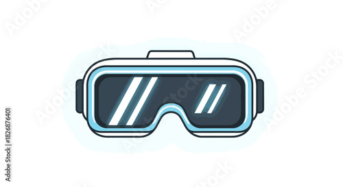 A stylized illustration of a virtual reality headset with blue accents