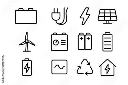 Energy Storage Icons. Energy storage. Line icon set of energy storage: battery pack, electric plug, lightning bolt, solar panel, wind turbine, control unit,