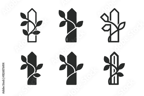 Climbing Plants Logo Icon. Adding climbing plants like ivy or roses along fences or trellises. Icon set. Set Logo of Adding climbing plants like ivy or roses