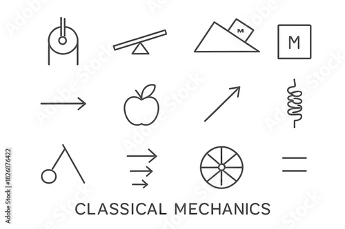 Classical Mechanics Icons. Classical mechanics. Line icon set of classical mechanics: pulley, lever, inclined plane, mass block, force arrow, Newton apple,