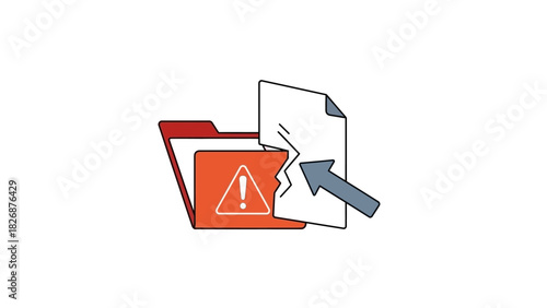 Flat design illustration of a white document being moved into a red warning folder with a caution symbol, on a plain white background.