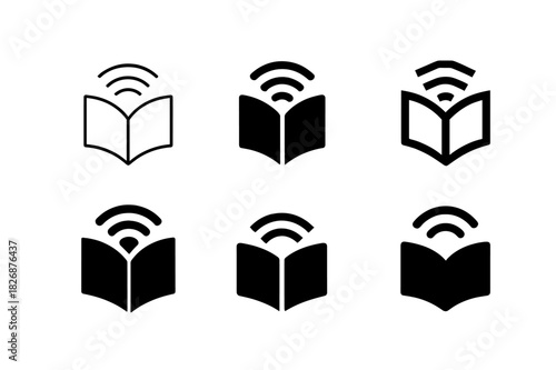 Storytelling Logos Set. storytelling practices. Icon set. Set Logo of storytelling practices: open book with speech waves. harmonious logo variations of the